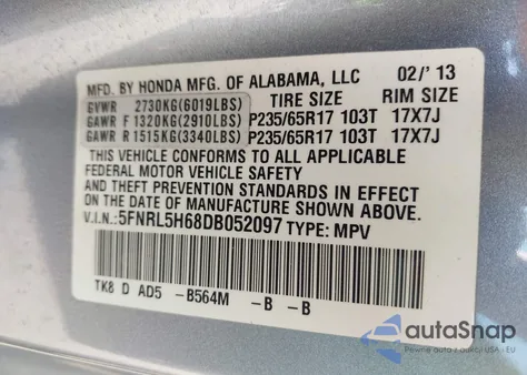 2013 Honda Odyssey Ex-L из США, поврежденный, VIN 5FNRL5H68DB052097